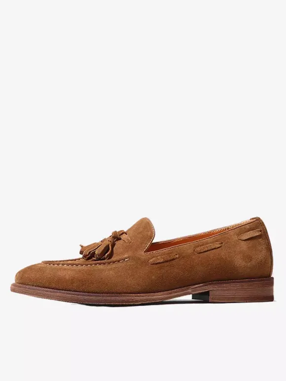 Suede Boat Loafers For Men Round Toe Slip On Casual Shoes With Tassels