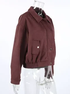 Suede Drop Shoulder Women's Cropped Jacket - Stand Collar Zip Up Slim Fit - Minimalist Spring Casual Outfits 2026