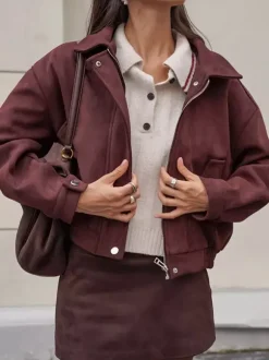 Suede Drop Shoulder Women's Cropped Jacket - Stand Collar Zip Up Slim Fit - Minimalist Spring Casual Outfits 2026