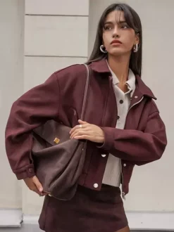 Suede Drop Shoulder Women's Cropped Jacket - Stand Collar Zip Up Slim Fit - Minimalist Spring Casual Outfits 2026
