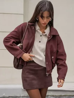 Suede Drop Shoulder Women's Cropped Jacket - Stand Collar Zip Up Slim Fit - Minimalist Spring Casual Outfits 2026
