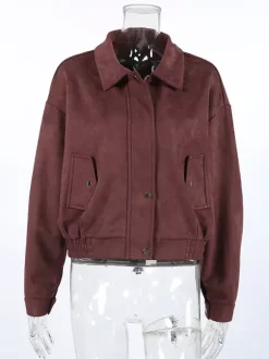 Suede Drop Shoulder Women's Cropped Jacket - Stand Collar Zip Up Slim Fit - Minimalist Spring Casual Outfits 2026