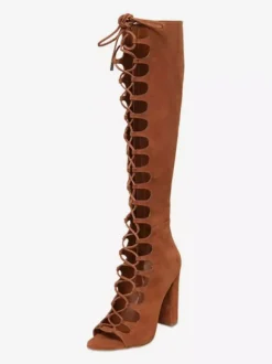 Suede Gladiator Sandals Open Toe Cut Out Lace Up Chunky Heel Sandal Shoes