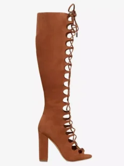 Suede Gladiator Sandals Open Toe Cut Out Lace Up Chunky Heel Sandal Shoes