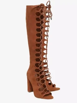 Suede Gladiator Sandals Open Toe Cut Out Lace Up Chunky Heel Sandal Shoes