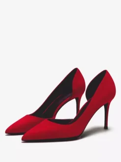 Suede High Heel Pumps Red Pointed Toe Stiletto Heel Dress Shoes