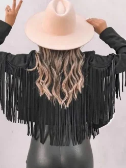 Suede Jacket Black Turndown Collar Fringe Lapel High Waist Solid Color Oversized Relaxed Fit Spring Fall Street Outerwear For Women