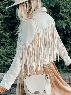 Suede Jacket Black Turndown Collar Fringe Lapel High Waist Solid Color Oversized Relaxed Fit Spring Fall Street Outerwear For Women