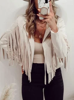 Suede Jacket Black Turndown Collar Fringe Lapel High Waist Solid Color Oversized Relaxed Fit Spring Fall Street Outerwear For Women