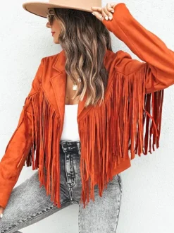 Suede Jacket Black Turndown Collar Fringe Lapel High Waist Solid Color Oversized Relaxed Fit Spring Fall Street Outerwear For Women