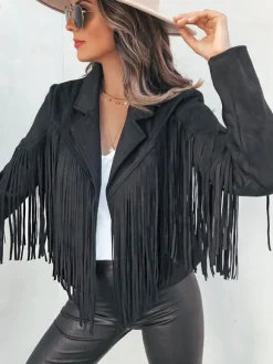 Suede Jacket Black Turndown Collar Fringe Lapel High Waist Solid Color Oversized Relaxed Fit Spring Fall Street Outerwear For Women