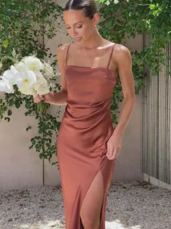 Summer Dress Straps Neck Split Front High-slit Beige Long Prom Dress