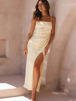Summer Dress Straps Neck Split Front High-slit Beige Long Prom Dress