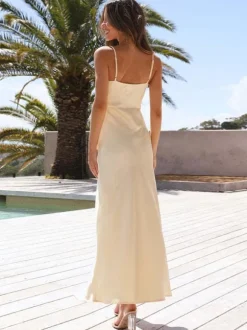 Summer Dress Straps Neck Split Front High-slit Beige Long Prom Dress