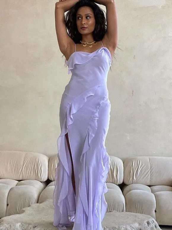 Summer Dress Straps Neck Pleated Layered Lavender Long Beach Dress