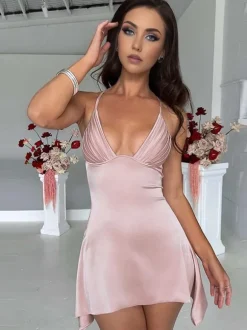 Summer Dress V-Neck Pleated Backless Pink Mini Length Beach Dress