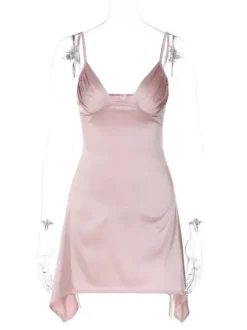Summer Dress V-Neck Pleated Backless Pink Mini Length Beach Dress