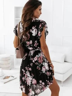 Summer Dress V-Neck Short Sleeves Floral Printed Pink Knee Length Beach Dress