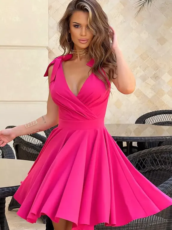 Summer Dress Mini Dresses Rose V-Neck Lace Up Polyester Beach Dress
