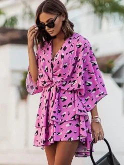 Summer Dress Pink V-Neck Beach Dress