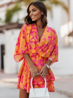 Summer Dress Pink V-Neck Beach Dress