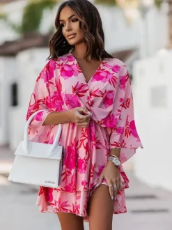 Summer Dress Pink V-Neck Beach Dress