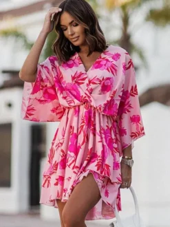 Summer Dress Pink V-Neck Beach Dress