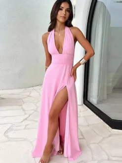 Summer Dress V-Neck High-slit Light Sky Blue Long Beach Aquatic Dress