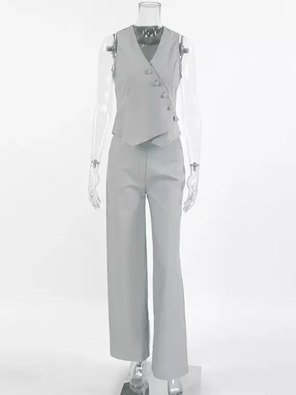 Summer Two Piece Co-ord Set Asymmetrical Top And Straight Pants For Women 2026