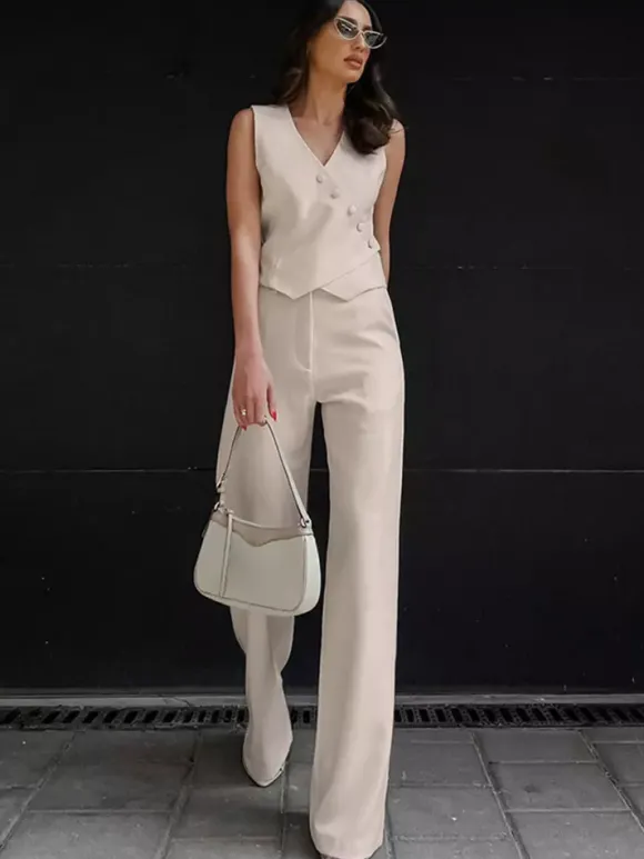 Summer Two Piece Co-ord Set Asymmetrical Top And Straight Pants For Women 2026