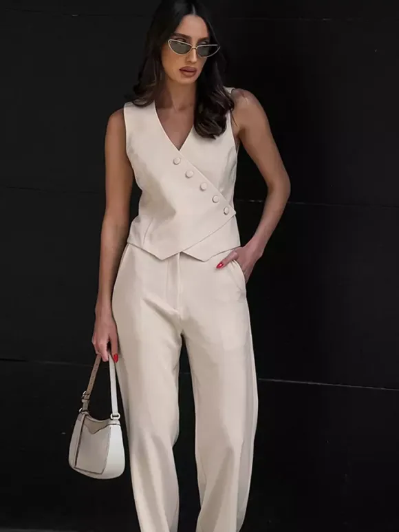 Summer Two Piece Co-ord Set Asymmetrical Top And Straight Pants For Women 2026