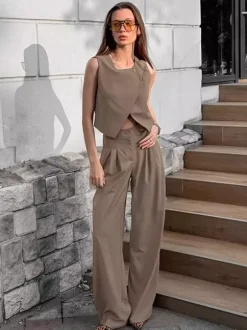 SummerTwo Piece Co-ord Set Outfit Asymmetrical Top And Straight Pants For Women 2026