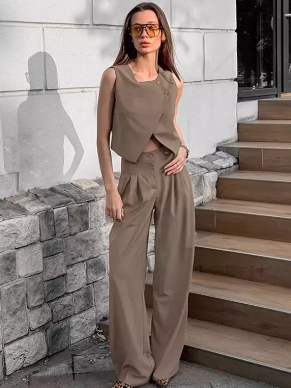 SummerTwo Piece Co-ord Set Outfit Asymmetrical Top And Straight Pants For Women 2026