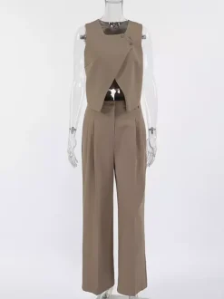 SummerTwo Piece Co-ord Set Outfit Asymmetrical Top And Straight Pants For Women 2026