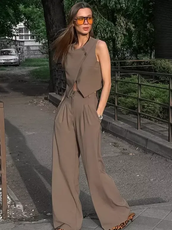 SummerTwo Piece Co-ord Set Outfit Asymmetrical Top And Straight Pants For Women 2026