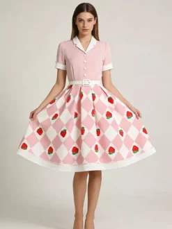 1950s Vintage Fruit Print Swing Dress Contrast Collar Puff Sleeve Belted Midi Dress