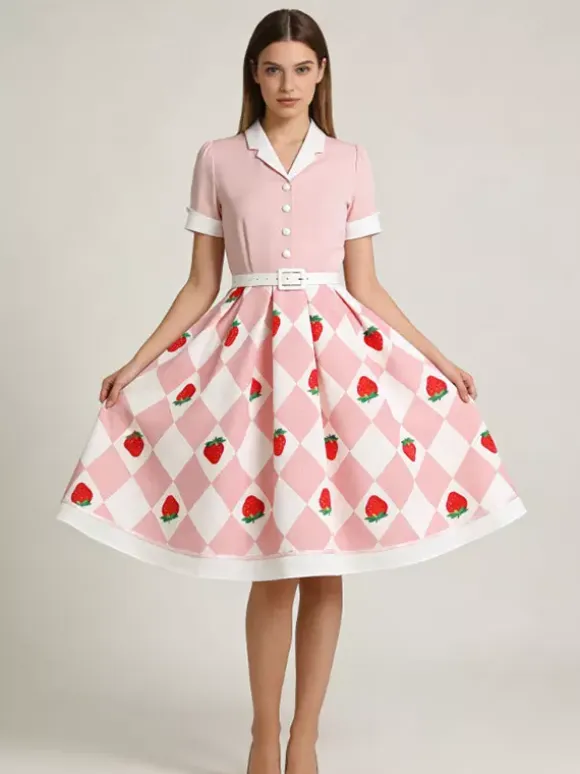 1950s Vintage Fruit Print Swing Dress Contrast Collar Puff Sleeve Belted Midi Dress