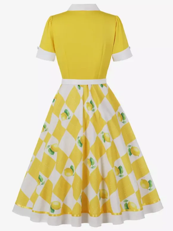 1950s Vintage Fruit Print Swing Dress Contrast Collar Puff Sleeve Belted Midi Dress