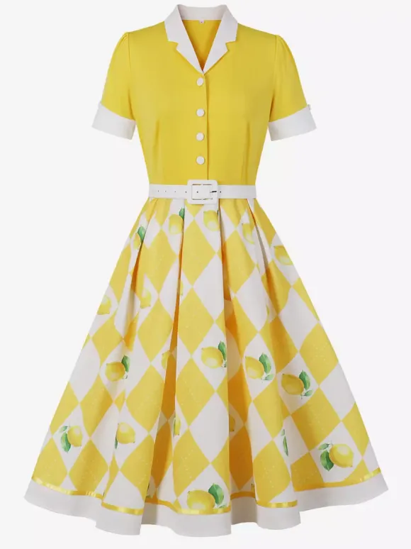 1950s Vintage Fruit Print Swing Dress Contrast Collar Puff Sleeve Belted Midi Dress