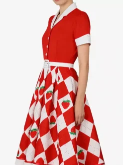 1950s Vintage Fruit Print Swing Dress Contrast Collar Puff Sleeve Belted Midi Dress