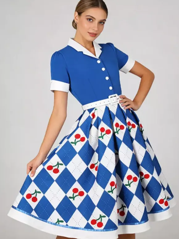 1950s Vintage Fruit Print Swing Dress Contrast Collar Puff Sleeve Belted Midi Dress