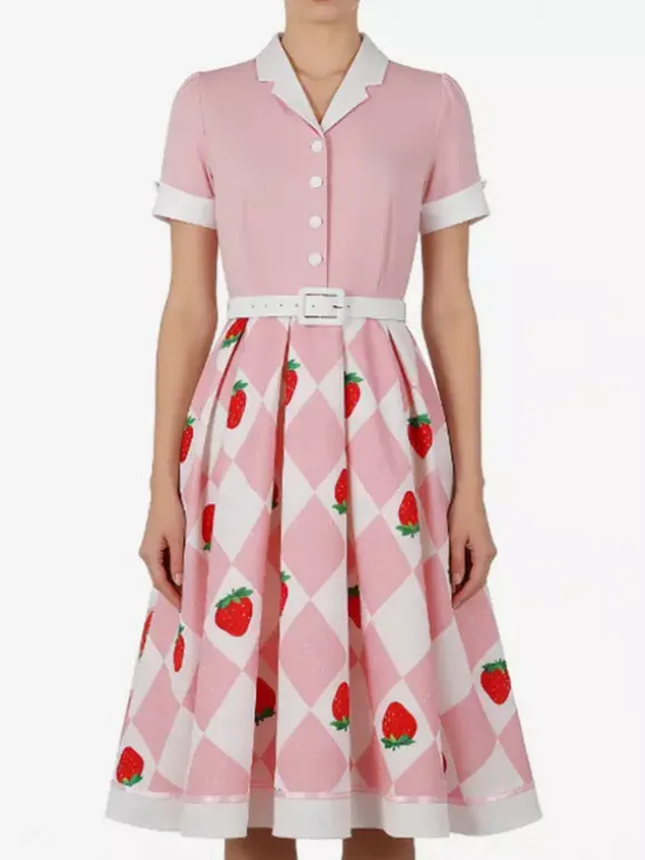 1950s Vintage Fruit Print Swing Dress Contrast Collar Puff Sleeve Belted Midi Dress