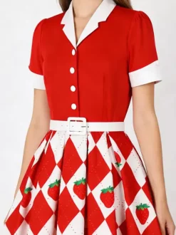 1950s Vintage Fruit Print Swing Dress Contrast Collar Puff Sleeve Belted Midi Dress