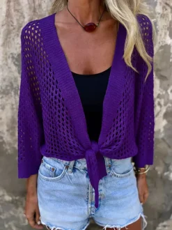 Sweaters Cardigans White 3/4 Length Sleeves V-Neck Front Tie Cropped Cover Up Top