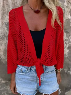 Sweaters Cardigans White 3/4 Length Sleeves V-Neck Front Tie Cropped Cover Up Top