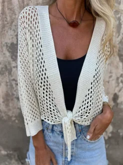 Sweaters Cardigans White 3/4 Length Sleeves V-Neck Front Tie Cropped Cover Up Top