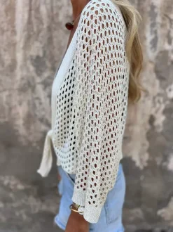 Sweaters Cardigans White 3/4 Length Sleeves V-Neck Front Tie Cropped Cover Up Top
