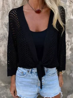 Sweaters Cardigans White 3/4 Length Sleeves V-Neck Front Tie Cropped Cover Up Top