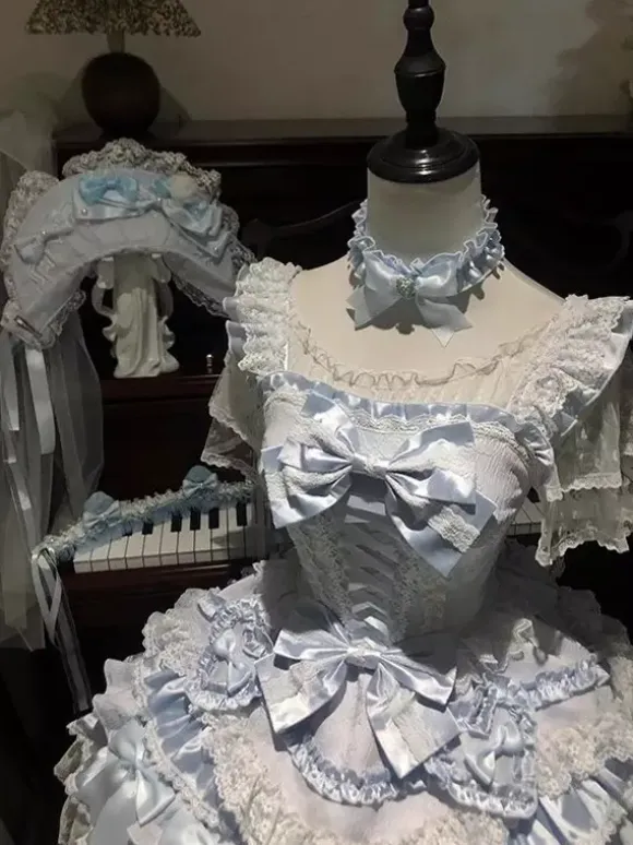 Sweet Ballet Hime Lolita Dresses Ruffles Blue Cake Lolita Dress With Train