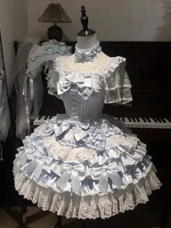 Sweet Ballet Hime Lolita Dresses Ruffles Blue Cake Lolita Dress With Train